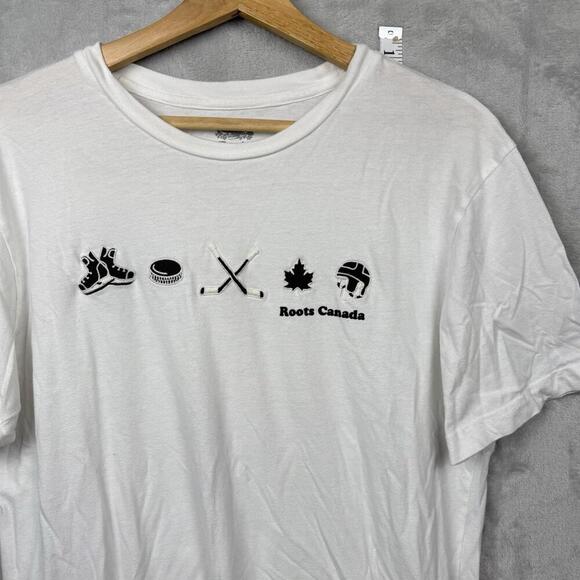 Roots Canada White Graphic T-Shirt Size S Hockey Theme 100% Cotton Casual Tee - Picture 3 of 7